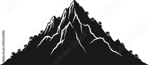 A black and white illustration of a mountain range with snow and trees