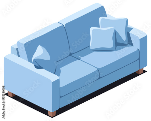 Blue Isometric Sofa with Cushions Modern Living Room Furniture Illustration