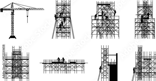Scaffolding silhouettes, construction workers, tower crane, building tasks, industrial safety, vector illustration