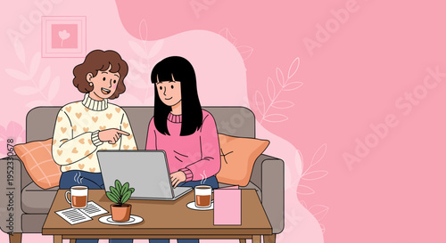 Friends using laptop together at home casual discussion flat illustration