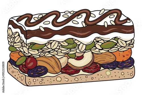 Detailed energy bar vector illustration with nuts, fruits, and chocolate, healthy snack concept
