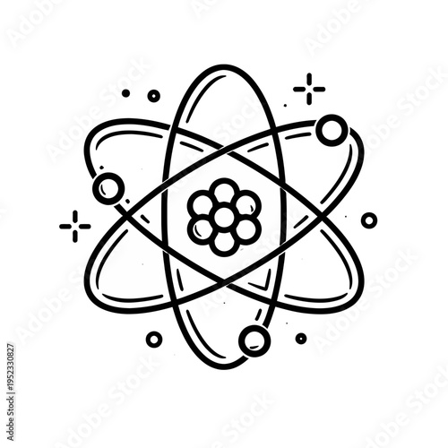 Modern hand-drawn style atomic model icon, a minimalist vector illustration depicting a nucleus with orbiting electrons, perfect for science, education, technology, and theoretical concept designs