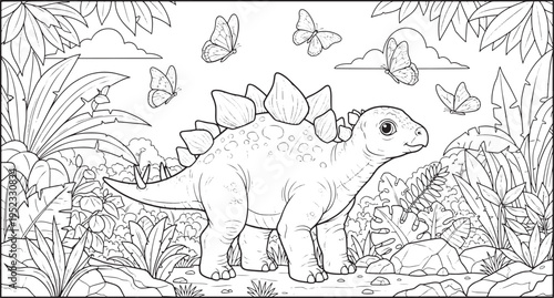 Baby stegosaurus dinosaur outline, coloring page, cute prehistoric reptile, ancient creature in jungle environment