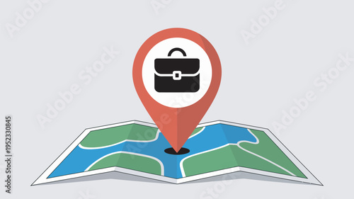 A red map pin icon with a black briefcase marks a location on a colorful map.