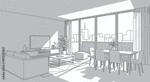 Minimalist black and white line art drawing of a modern open plan living room interior space