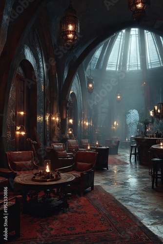 Wallpaper Mural Atmospheric interior of a dimly lit, arched chamber with seating areas, lanterns, and a bar, creating an inviting, moody ambience Torontodigital.ca