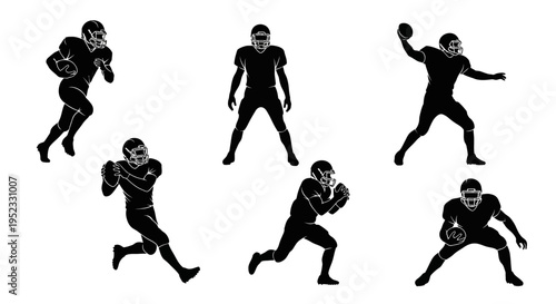 American Football Players Silhouette Set: Running, Throwing, Tackling Poses