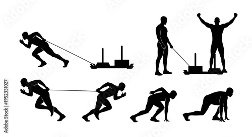 Athlete training with sled push and pull, running start, silhouette