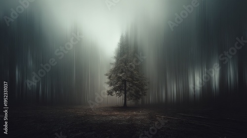 Wallpaper Mural Atmospheric vertical blur of forest. One evergreen tree center amidst foggy, blurred trees. Dark, moody, evocative Torontodigital.ca