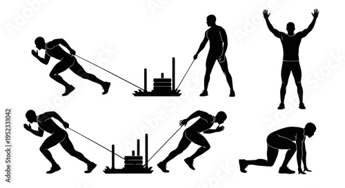 Athlete Silhouette Set: Sled Pull, Sprinting, Jumping, Starting Blocks