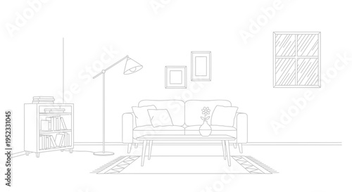 Simple black and white line art illustration depicts a cozy living room interior setup with modern furniture.
