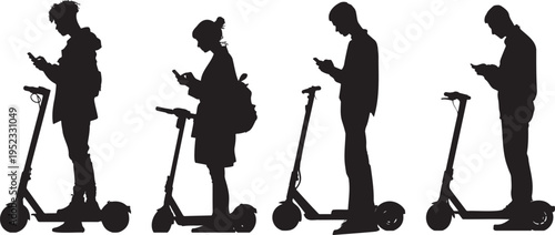 Silhouettes of people unlocking and riding electric scooters in urban settings