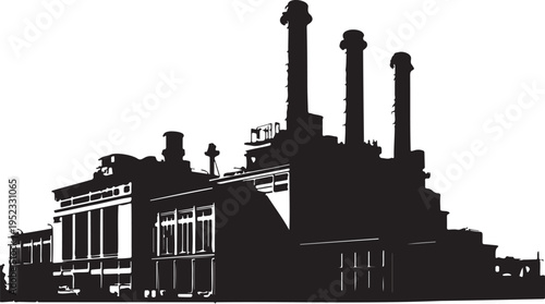 Silhouette of an industrial power plant with multiple tall smokestacks