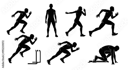 Athletic Silhouettes: Sprinters in Motion, Start, and Finish Poses