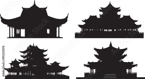Four Traditional Chinese Buildings Silhouetted Against a White Background