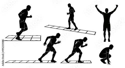 Athlete Silhouette Set: Agility Training, Running, Jumping, Squatting Poses