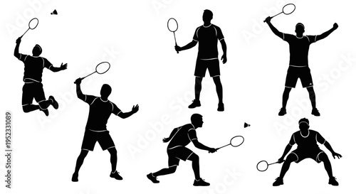 Badminton player silhouettes in action poses, dynamic sports illustration