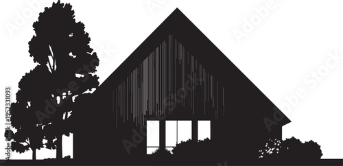 Modern wooden house with large windows and a prominent gabled roof