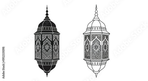 Two ornate vintage style lanterns in black and white line art