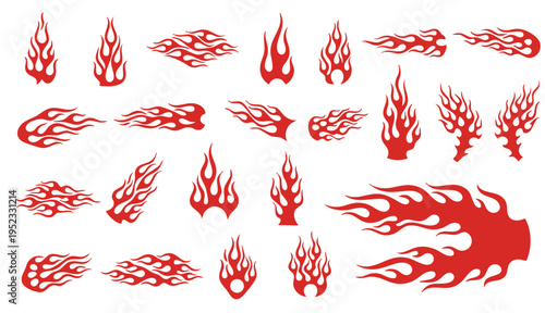 Flame decal. Red silhouette fire flames tattoo, tribal fire vinyl burning stickers for sport car and motorbike. Hotrod muscle car, motorcycle racing graphics. Vector .
