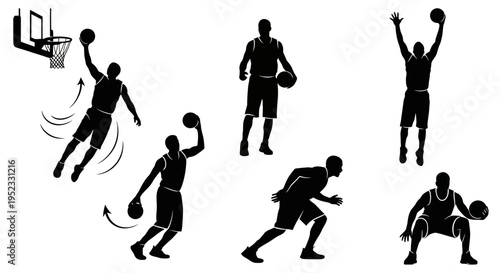 Basketball Player Silhouette Set: Action Poses of Dunk, Shoot, Dribble, and Defense