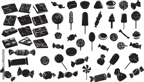 Assortment of silhouette sweets and candies including chocolate bars