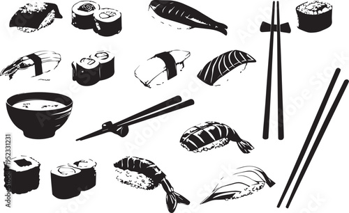 Various sushi and sashimi silhouettes with chopsticks and bowl