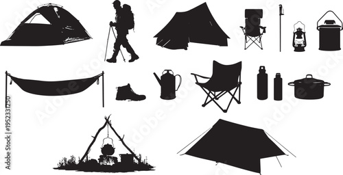 Camping and outdoor adventure gear in silhouette