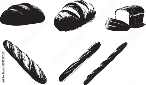 Variety of baked bread loaves and baguettes in silhouette