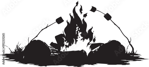 Campfire with marshmallows roasting over the flames in the dark