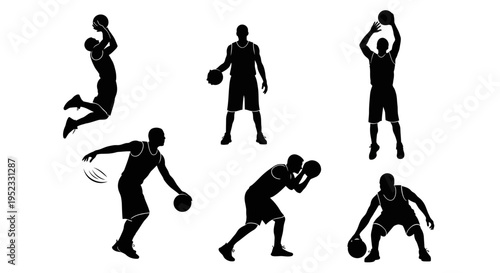 Basketball Player Silhouettes: Action Poses - Dunk, Shoot, Dribble, Defense