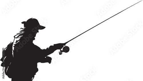 Silhouette of a man in a cap fishing with a rod and reel