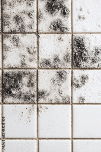 Dirty bathroom tiles with mold and grime on white background  