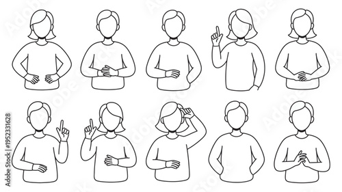 A set of simple line drawings of people using various hand gestures to communicate.