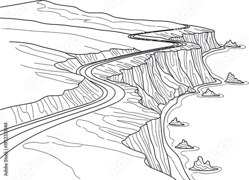 Coastal cliff road landscape line vector