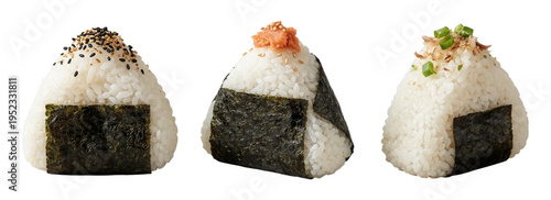 Three onigiri with different toppings on white background