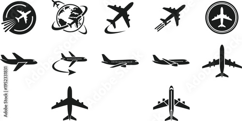 Airplane icons set, aviation silhouettes collection, aircraft symbols for travel and transport design, jet planes isolated black vector illustration