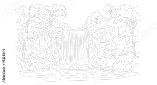 Beautiful waterfall cascading down rocky cliffs surrounded by lush trees and calm water waiting to be colored in.