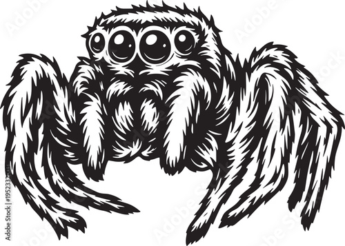 Black and white vector illustration of a jumping spider with prominent eyes
