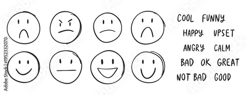 Hand drawn reaction faces in rows, playful doodle icons with rough marker strokes, labels showing cool, funny, happy, upset, anger, calm designed for training slides, internal feedback and onboarding