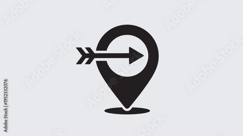 A black and white icon of a location pin with an arrow pointing to the right