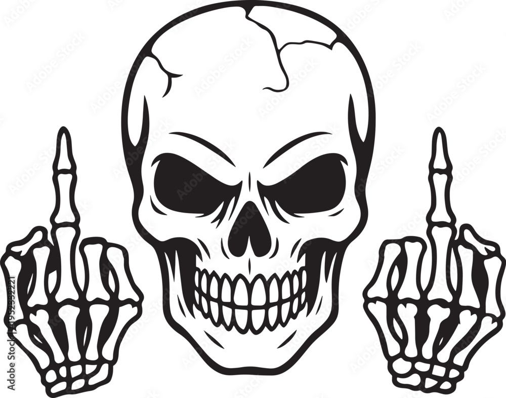 Obraz premium Aggressive skull silhouette showing middle finger gesture with skeletal hands for stickers