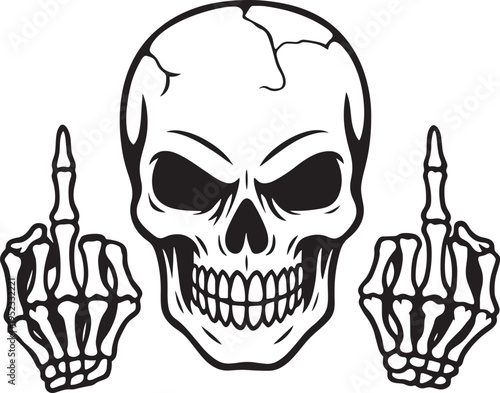 Aggressive skull silhouette showing middle finger gesture with skeletal hands for stickers