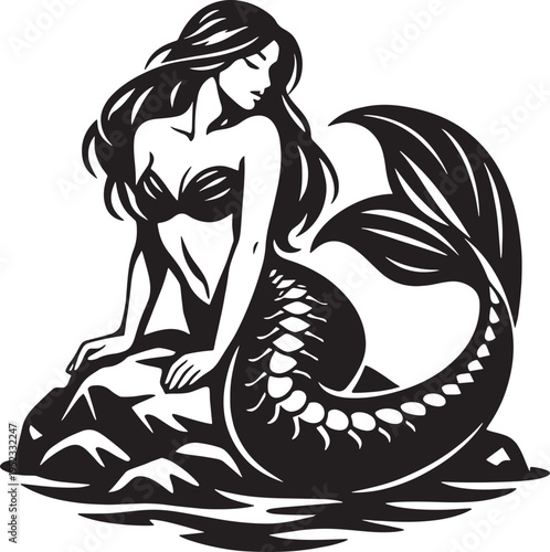 Beautiful mermaid silhouette sitting on ocean rocks with long flowing hair fantasy artwork