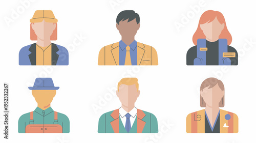 A diverse group of six people with different professions and appearances.