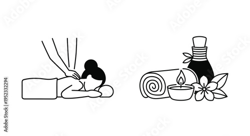 Line art depiction of a back massage with spa elements and floral details