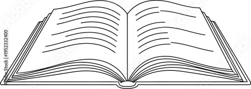 Clean line art illustration featuring an open book with blank pages and text lines, suitable for education, learning, and storytelling themes.