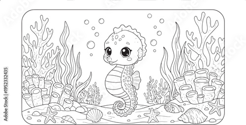 Seahorse coloring page for kids underwater scene with coral reef bubbles shells and sea stars for creative marine life learning activities