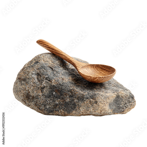 Professional Carved Wooden Spoon Rest on Rock in Serene Outdoor Setting