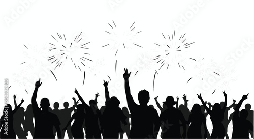 Crowd silhouettes cheer under falling fireworks celebrating a major event.